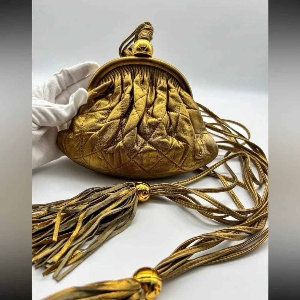 Chanel Quilted Vintage Rare Gold Bronze Waist Pouch bag Tie Fringe sling